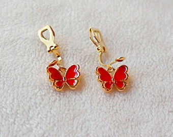 Roter Schmetterling Ohrclips. Kleine Mädchen Ohrclips zart gold.