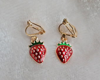 Red strawberry clip on earrings. Little girl clip on earrings, soft gold clips. dangle Jewelry, Fruit, Girl's Birthday gift, toddler gift