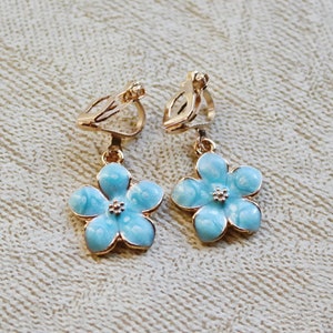 Blue flower, clip on earrings. Little girls clip on earrings soft gold. birthday gift , Birthday gifts for girls