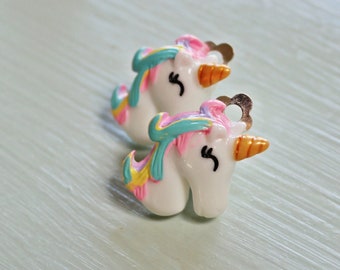 unicorn clip on earrings. Little girl's pink rainbow horse clip on earrings. unicorn rainbow acccessories for kids