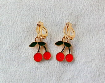 Red cherry clip on earrings. Girl's and Women's clip on earrings, soft gold clips. Cute nostalgia-inspired Cherries Jewelry