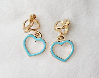 Blue heart clip on earrings. Little girl clip on earrings. Tiny small heart charm. Birthday gifts for girls,