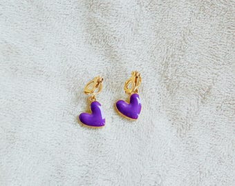 Purple heart clip on earrings. Little girl clip on earrings. Small heart charm. gifts for her