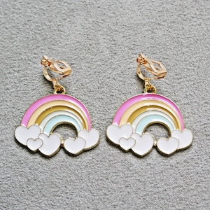 colorful rainbow with hearts, clip on earrings. Little girls clip on earrings soft gold. beige gifts for her, birthday gift