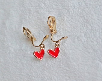 Red heart clip on earrings. Little girl clip on earrings. Small heart charm. Valentine's earrings, gifts for her
