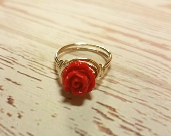 Red rose. Silver wire wrapped little girl's ring. Child's ring. Birthday gifts for girls, Girls Valentines day gift