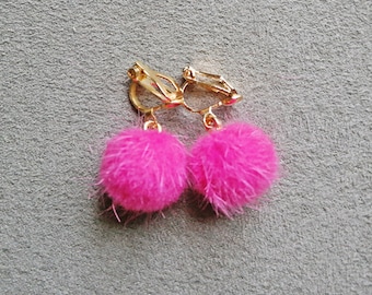 Pink clip on earrings. Little girl's pink pom pom earrings. round fuzzy ball.