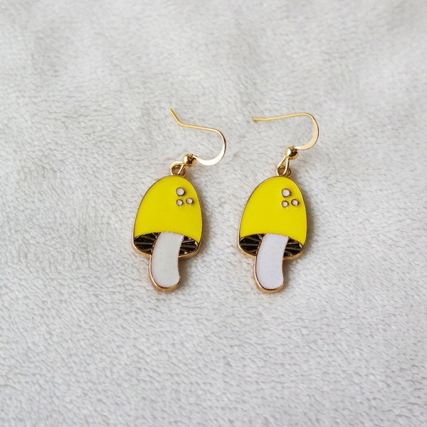 Yellow Mushroom Earrings, Dangle Earrings, Cute Earrings, Nature Inspired Jewelry, Gift for Her, Whimsical, Gifts Under 20, Fun accessories