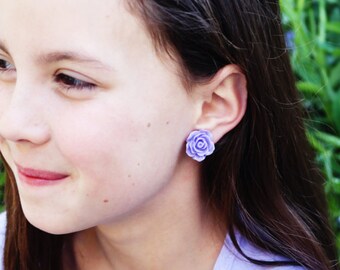 LIGHT PURPLE rose clip on earrings. Little girl clip on earrings