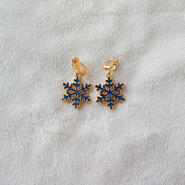 Sparkly Snowflake Clip-on Earrings, Blue Gold Winter Ear Clips, Statement, Holiday Earrings, Soft Gold Clips, Girl's Christmas Jewelry