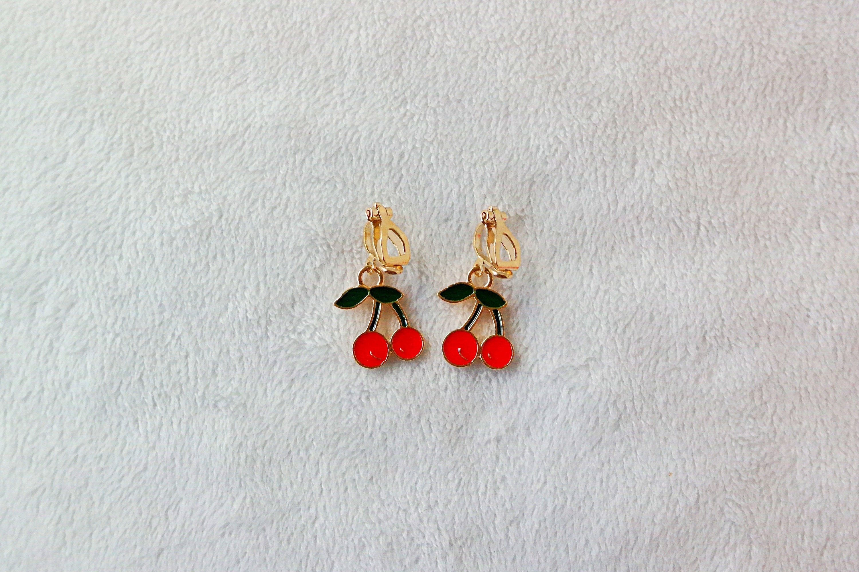 Red Cherry Clip on Earrings. Little Girl Clip on Earrings