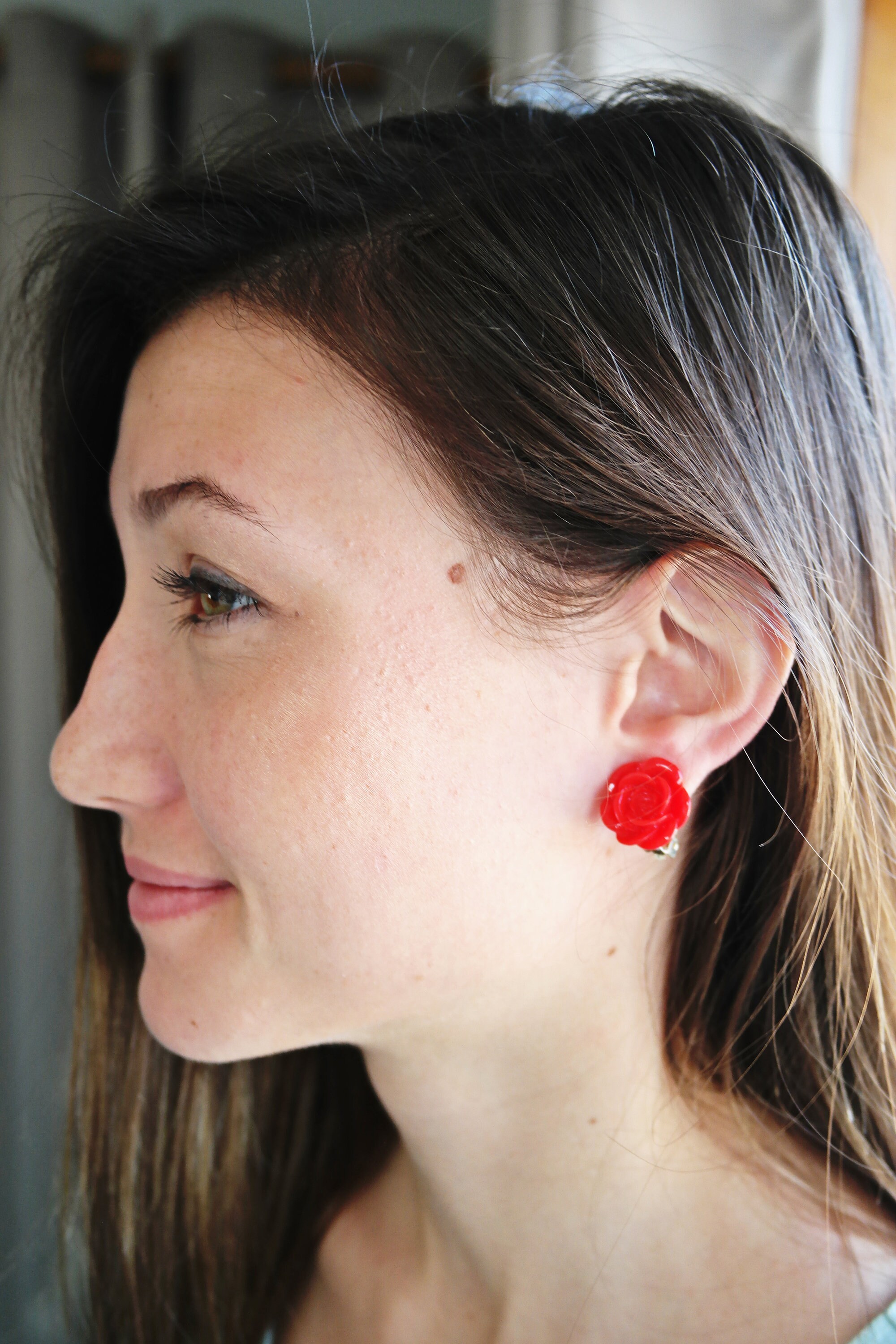 Red rose clip on earrings. Little girl clip on earrings Etsy