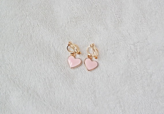 Pink heart clip on earrings. Little girl clip on earrings. Tiny small heart charm. Toddler gift, Birthday gifts for girls