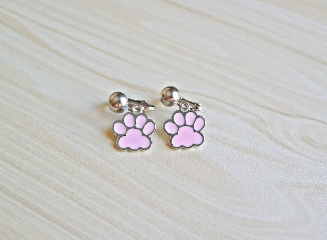 Pink Dog Paw Print Clip on Earrings. Little Girl's Animal Clip on