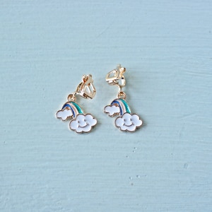 colorful rainbow, clip on earrings. Little girls clip on earrings soft gold. Cloud and rainbow clipon earrings Birthday gifts for girls