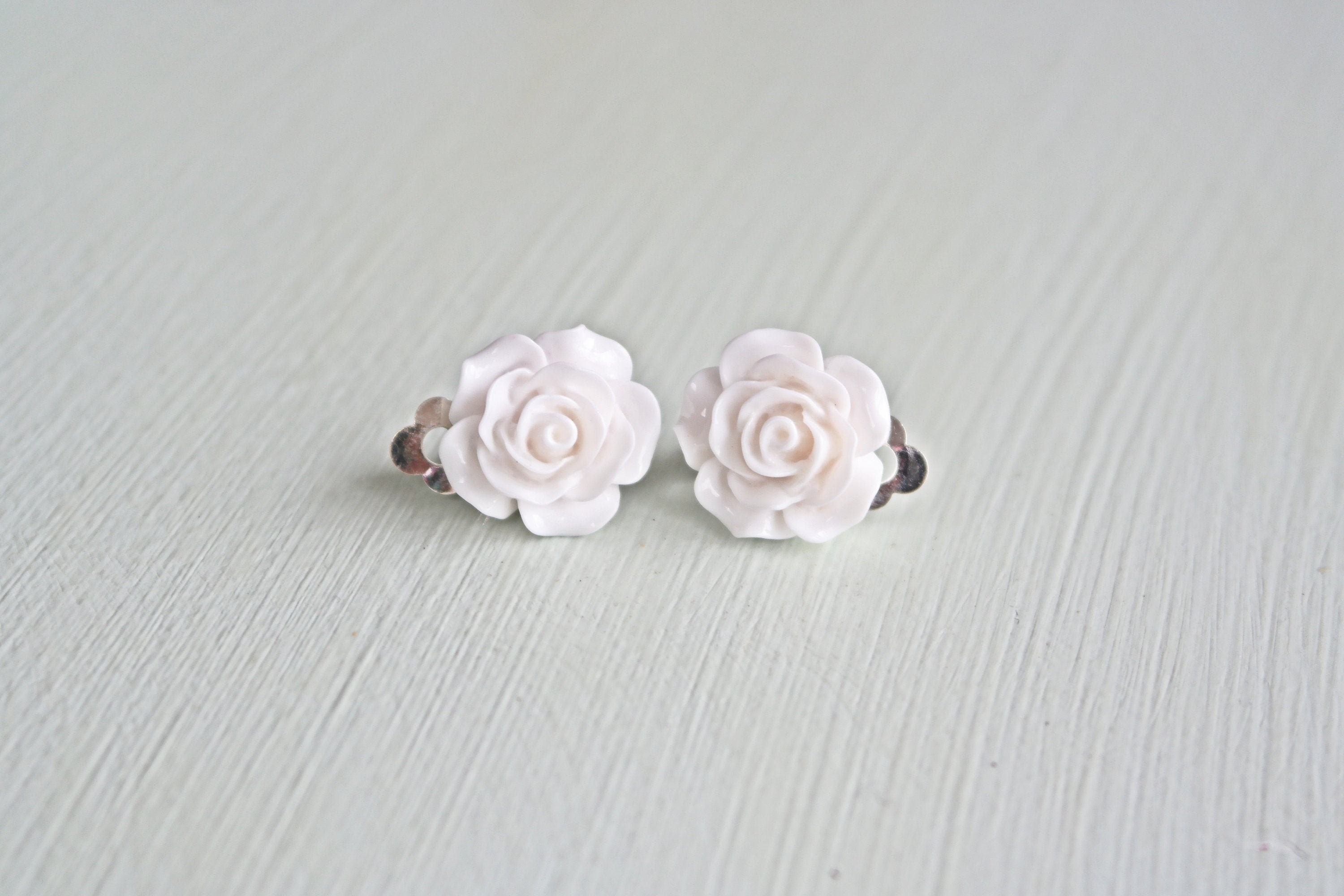 White rose clip on earrings. Little girl flower clip on earrings, Christmas gift, plastic rose clipon earrings Birthday gifts for girls