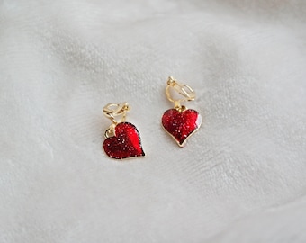 Red heart clip on earrings. Little girl clip on earrings. Small heart charm. Valentine&#39;s earrings, gifts for her