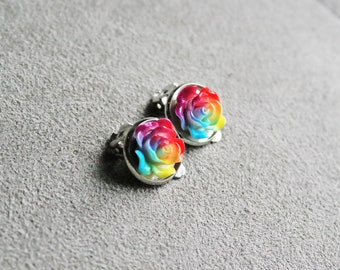 Rainbow Rose clip on earrings. Little girl's clip on earrings. Mother's day gift for her