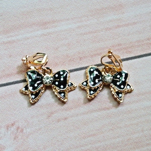 Black bows with polka dots and diamond, clip on earrings. Little girl clip on earrings birthday gift , Birthday gifts for girls