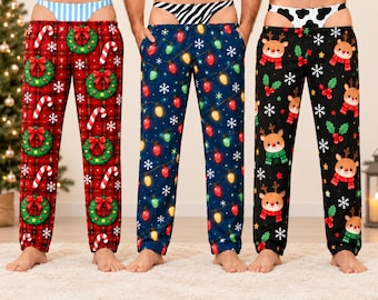 Custom Funny Men's Christmas Pajama Pants, Fake Underwear Illusion Sleepwear, Holiday Plaid Reindeer Lounge Pants, White Elephant Gag Gift