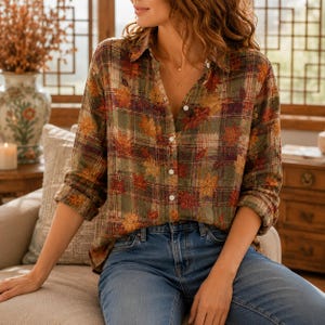 Puede incluir: Una camisa de manga larga con botones que presenta un patrón de cuadros superpuesto con un estampado de hojas de otoño en tonos naranja, amarillo y marrón sobre un fondo verde apagado, combinada con pantalones vaqueros azules.