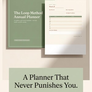 May include: A sage green annual planner titled The Loop Method Annual Planner with a white weekly layout page and a silver pen. The text reads A Planner That Never Punishes You. The undated, reset-friendly system for ADHD brains. The Loop Method.
