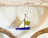 handmade art glass sailboat ornament sun catcher (navy blue yellow stripes)