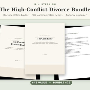 May include: The High-Conflict Divorce Bundle by H.L. Sterling includes a documentation binder, 50+ communication scripts, and a financial organizer. The pages feature titles such as The Custody Evidence Binder, The Calm Reply, and Financial Disclosure Organizer with black text on cream paper.