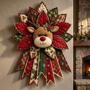 Peut inclure: Une décoration murale matelassée représentant une tête de renne centrale avec un nez rouge et des bois, entourée de pétales en tissu superposés aux motifs rouges, verts et crème, incluant du houx, des carreaux et des flocons de neige.