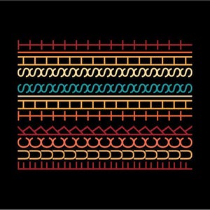 Könnte beinhalten: Ein Grafikdesign mit zehn horizontalen Reihen sich wiederholender geometrischer Muster in Rot, Orange, Gelb und Blaugrün auf einem einfarbigen schwarzen Hintergrund. Die Muster umfassen Linien, Rechtecke, Wellen, Dreiecke und Halbkreise.