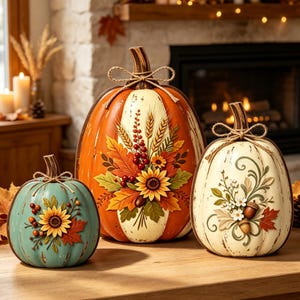 May include: Three decorative pumpkins featuring painted autumn motifs. The small left pumpkin is teal with a sunflower and leaves. The large center pumpkin is orange and cream with wheat, berries, and a sunflower. The right pumpkin is cream with acorns.