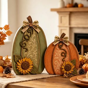 Pode incluir: Duas abóboras decorativas de madeira, uma verde-sálvia e outra laranja-queimado, cada uma com um padrão de volutas brancas, um girassol, um caule castanho e um laço de fita xadrez preso com um pequeno botão de madeira no topo.