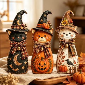 May include: Three decorative cat figurines wearing witch hats. The black cat features a moon and stars, the orange cat has a pumpkin design, and the white cat displays autumn leaves and a crow. Each cat wears a plaid bow with a small metal bell.