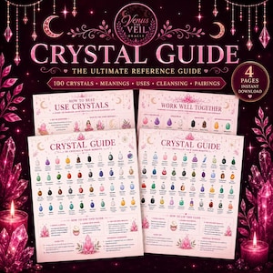Puede incluir: Una guía de referencia digital de cuatro páginas titulada Venus The Veil Oracle Crystal Guide. Las páginas presentan temas celestiales en rosa y morado oscuro con ilustraciones de cristales, fases lunares y texto que detalla 100 cristales, significados, usos, limpieza y combinaciones.