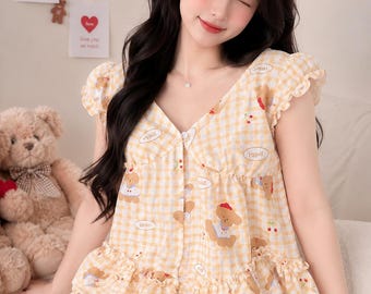 Conjunto de pijama de algodón con estampado de ositos amarillos y bonitos para mujer, pijama de manga corta con volantes, conjunto de verano suave de SillyCat.