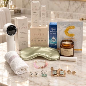 May include: A collection of wellness items including a white handheld fan, Evvra skincare products, a green satin sleep mask, a rolled white towel, a lemon scented candle, a Vitamin C mask, a beaded bracelet, and several pairs of earrings.