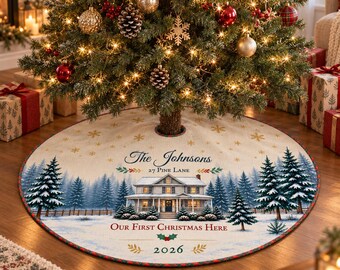 Personalized Christmas Tree Skirt, Custom House Portrait, First Christmas in New Home Gift