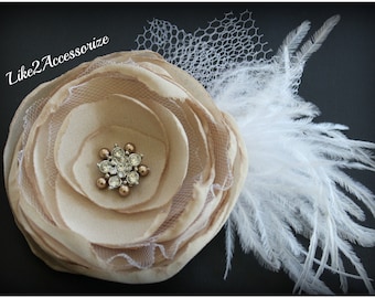 Champagne Bridal Hair Flower Clip Bridal Feather Hair Flower Bridal Fascinator Wedding Hair Accessories Wedding Headpiece Hair Accessories