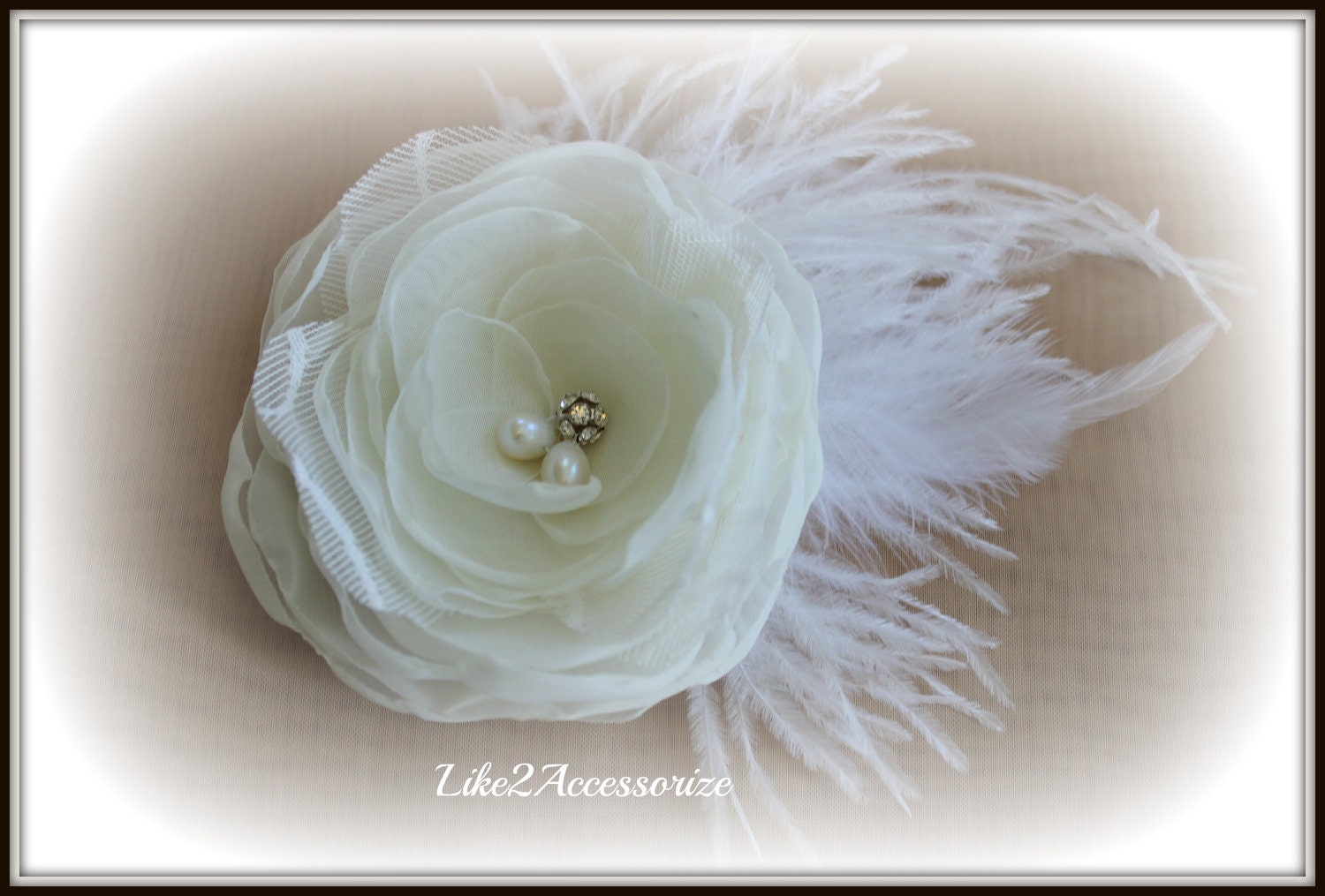 Ivory Feather Floral Hair Clip Celadon Green and Ivory Victorian Hair Clip | Wedding Hair  main image 3