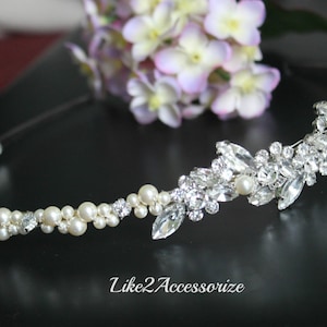 Bridal Rhinestone Crystal Headband, Rhinestone Pearl Tiaras, Pearl Metal Headband, Wedding Headband, Bridal Headpiece, Ivory White Pearls