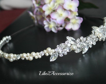 Bandeau de cristal de strass de mariée, diadèmes de perle de strass, bandeau en métal perlé, bandeau de mariage, casque de mariée, perles blanches ivoire