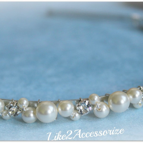 Swarovski Pearls Crystal Bridal Tiara Gold Pearl Headband White Ivory Beaded Silver Metal Headband Hair Veil Flower Girl Wedding Accessories