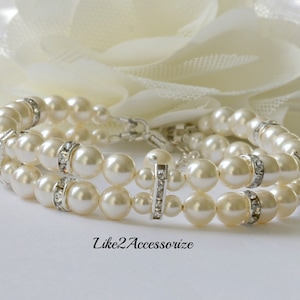 Swarovski branco marfim pérola nupcial manguito pulseira de dois fios pulseira jóias de noiva casamento presente da dama de honra pulseira multistrand