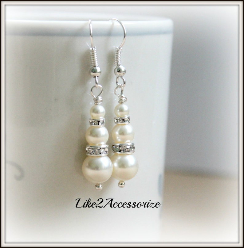 Swarovski Charcoal Grey Pearl Earrings, Bridesmaid Jewelry, Bridal Wedding Jewelry, Bridesmaid Gift, Ivory White Dangle Earrings, image 3