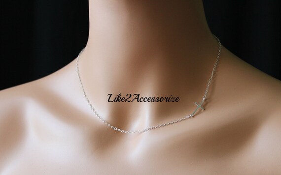 Sterling Silver Sideway Cross Necklace, Small Cross Necklace, Horizontal  Cross, Celebrity Inspired Necklace, Baptism Gift, Religious Jewelry