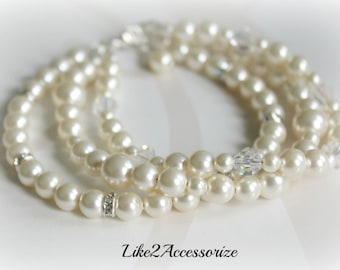 Bransoletka ślubna, trzy nitki, biżuteria ślubna, bransoletka ślubna, perła Swarovski White Ivory, prezent dla druhny, bransoletka wieloniciowa