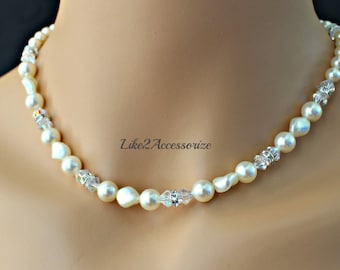 Bridal Pearl Crystal Necklace Bridesmaid Jewelry Wedding Accessory White Ivory Champagne Crystal Swarovski Pearl Necklace Bridal Party Gift