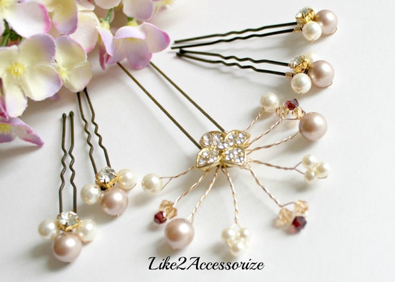 Champagne Ivory Pearl Bridal Hair Pins Wedding Hair Etsy