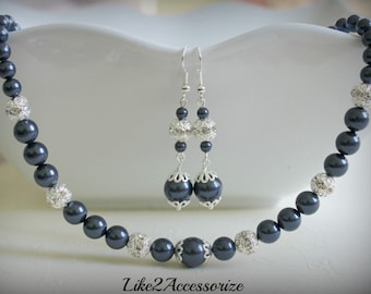 Bridesmaid Jewelry, Pearl Bridal Necklace, Pearl Wedding Necklace Earring Set, Navy Blue Swarovski Pearl, Rhinestone Bridal Necklace Jewelry