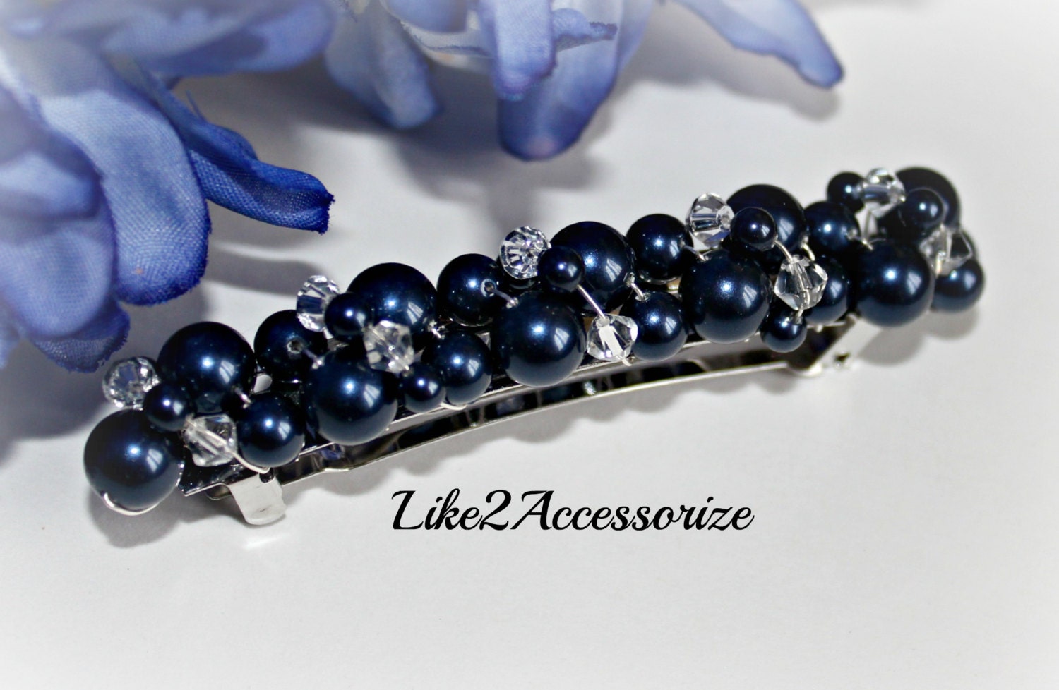 GG Navy and Cream Barrette Faship Gorgeous Navy Blue CZ Crystal Heavy Duty Floral Hair  main image 4